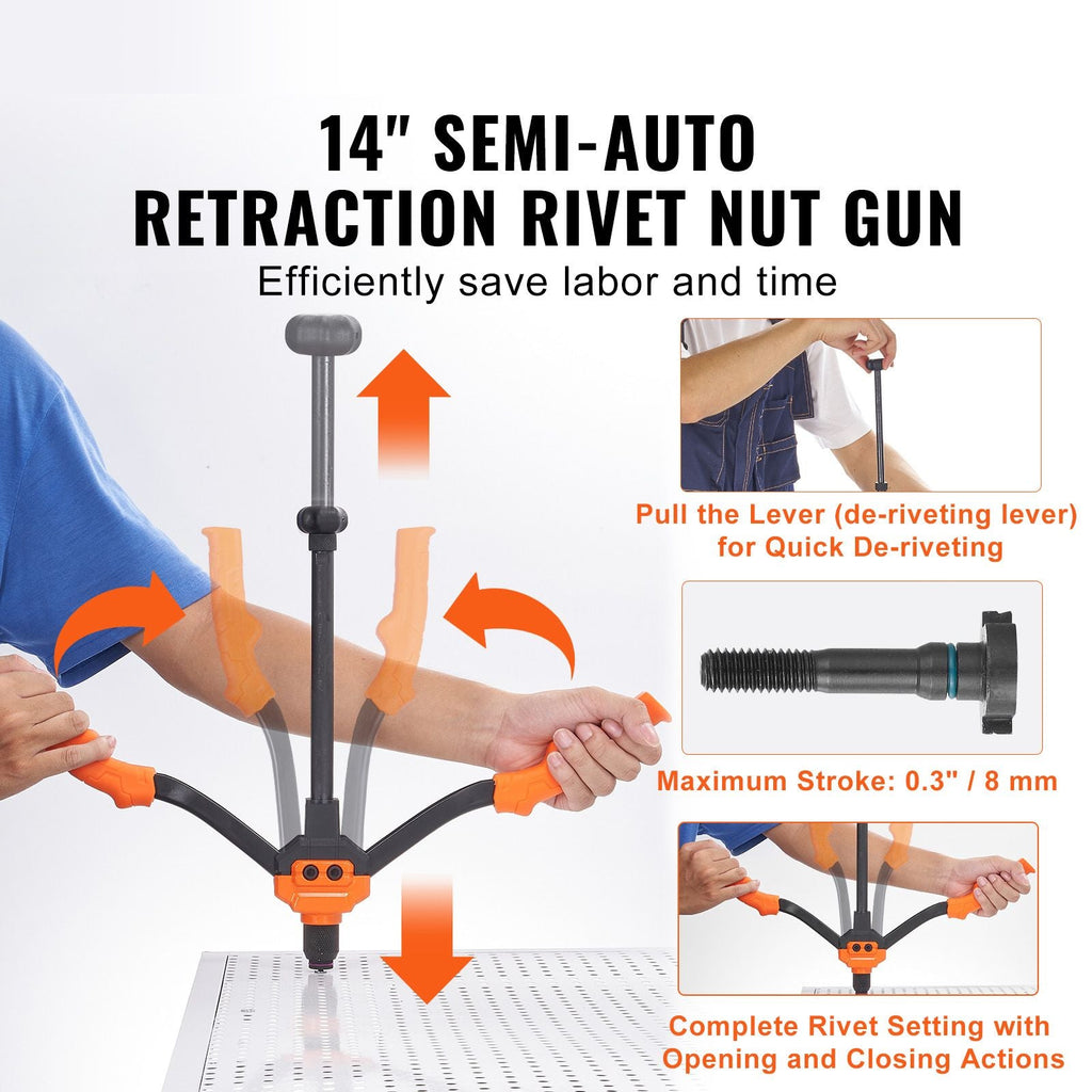 Rivet Nut Tool, 14 in Rivnut Tool Kit with 7 PCS Metric and SAE Mandrels, 70 PCS Assorted Rivet Nuts, 10-24, 1/4-20, M6, 5/16-18, M8, 3/8-16, M10, With Rugged Carrying Case, for DIY, Repairs